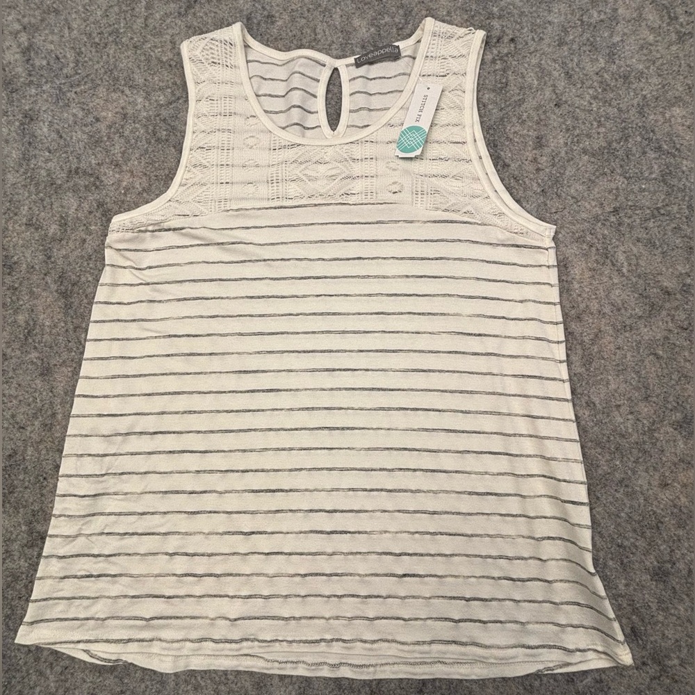 Loveappella | Off White & Gray Striped Tank Top | Henrow Lace Detail | Size XXL